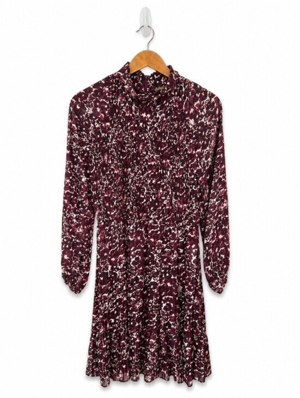 Taylor Burgundy Floral Pleated Women's Mock Neck Dress Metallic Size 14